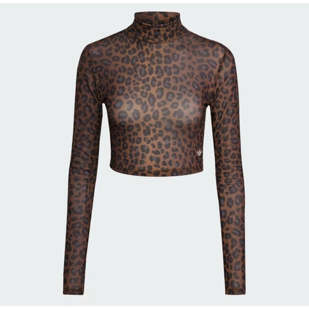 Adidas Originals Women Leopard Print Turtleneck Crop Top Long Sleeve Size L